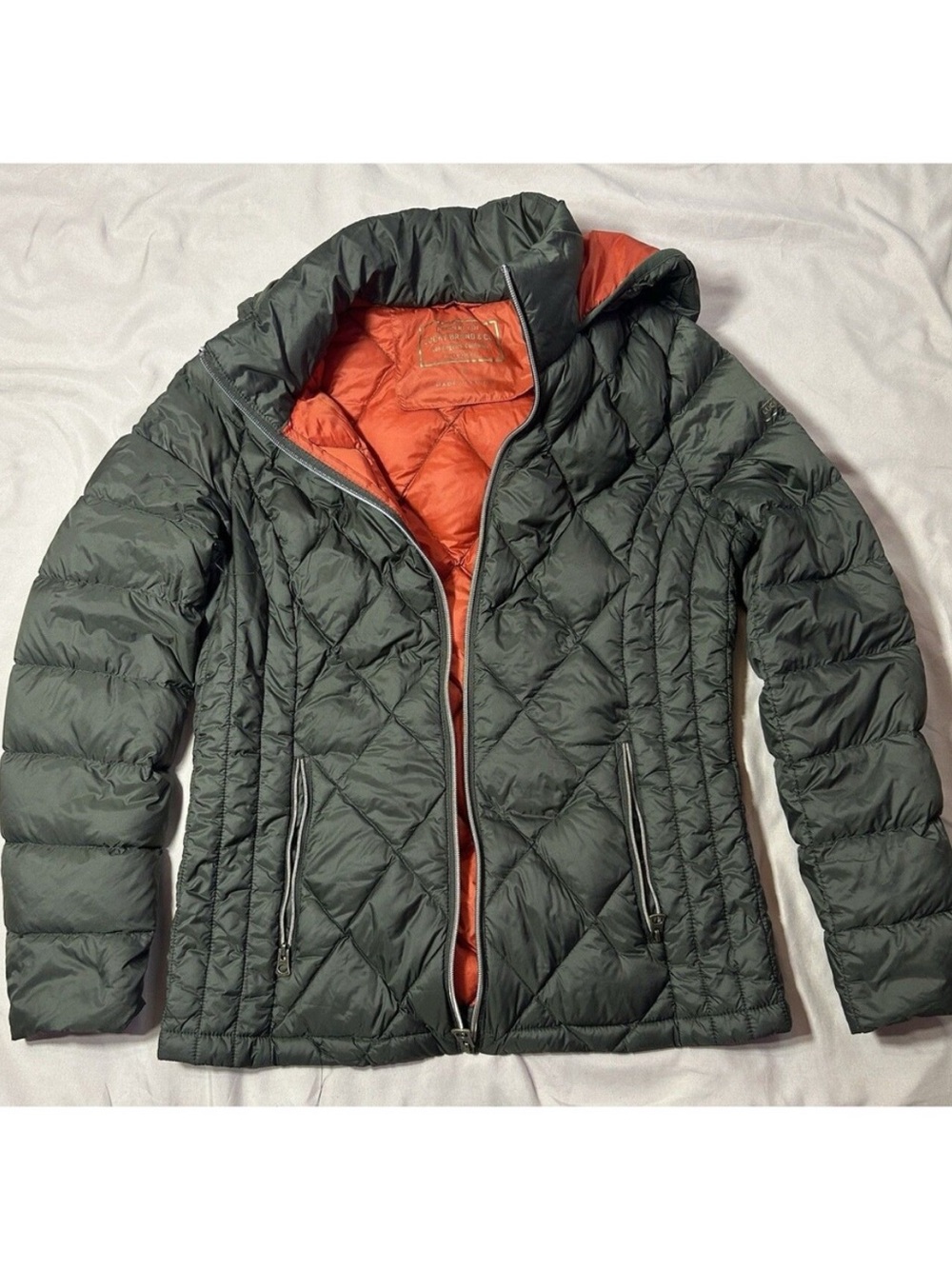 Lucky Brand Quilted Puffer Jacket in Dark Green with Orange Lining